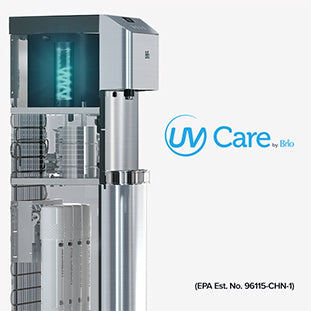 A water purifier with a visible internal UV light system is shown on the left. The UV Care by Brio logo is on the right, along with an EPA establishment number at the bottom.